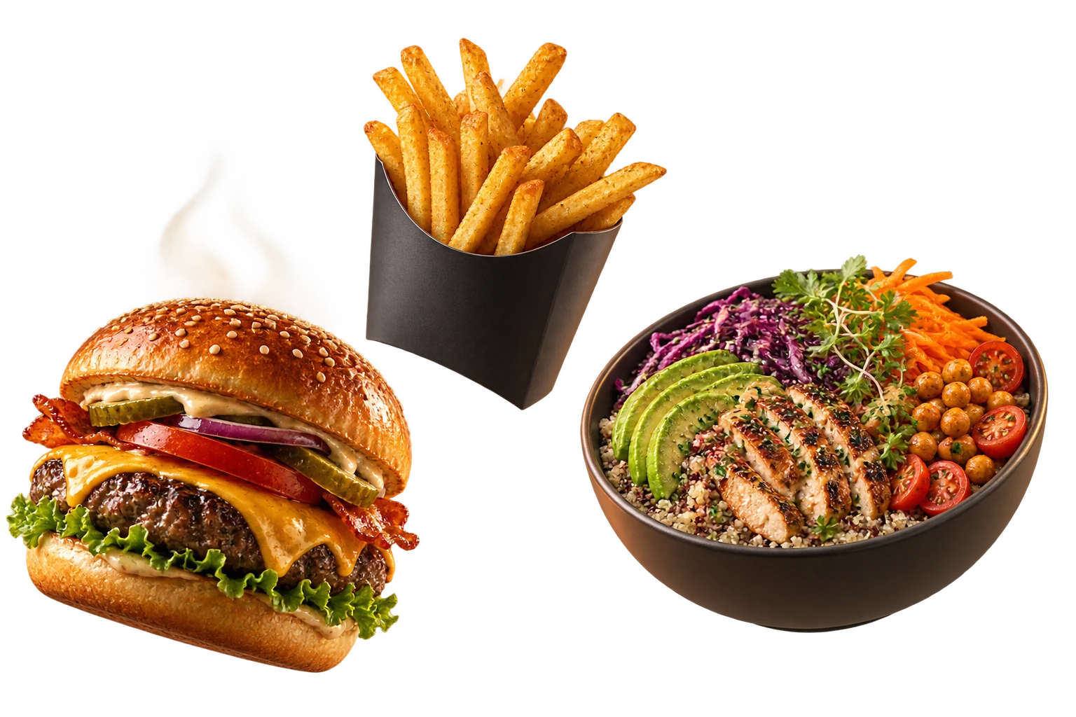 Hambúrguer, batata frita e bowl saudável representam pedidos de cozinhas diferentes